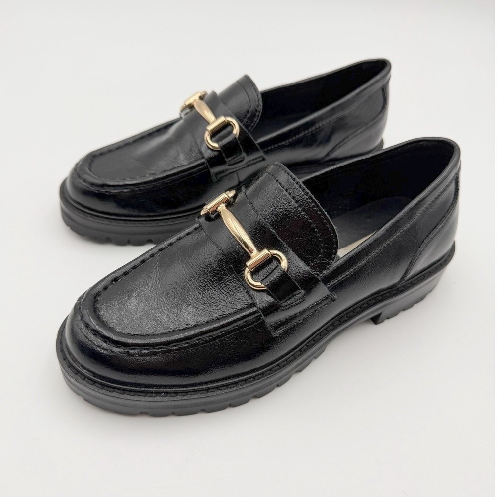 Steve Madden Womens 7 Black Leather Chunky Lug Loafers Dark Academia Old Money